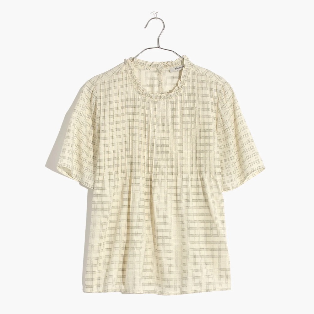 Madewell Ruffle-Collar Pintuck Top in Windowpane - Size XL